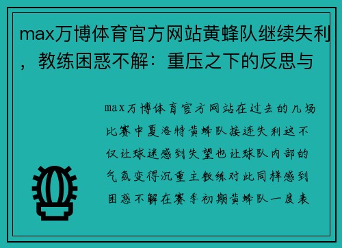 max万博体育官方网站黄蜂队继续失利，教练困惑不解：重压之下的反思与应对 - 副本