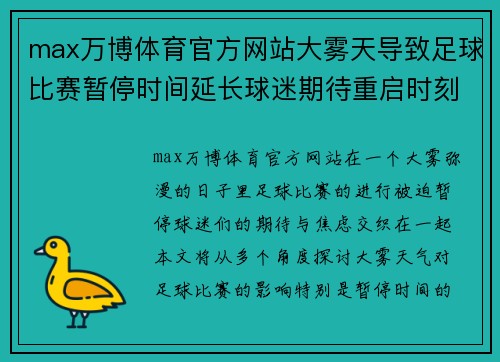 max万博体育官方网站大雾天导致足球比赛暂停时间延长球迷期待重启时刻