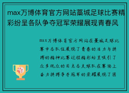 max万博体育官方网站藁城足球比赛精彩纷呈各队争夺冠军荣耀展现青春风采
